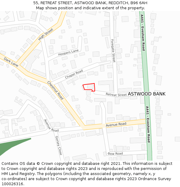 55, RETREAT STREET, ASTWOOD BANK, REDDITCH, B96 6AH: Location map and indicative extent of plot