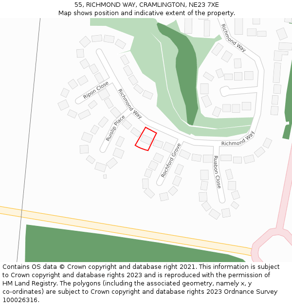 55, RICHMOND WAY, CRAMLINGTON, NE23 7XE: Location map and indicative extent of plot