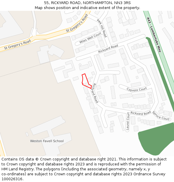 55, RICKYARD ROAD, NORTHAMPTON, NN3 3RS: Location map and indicative extent of plot