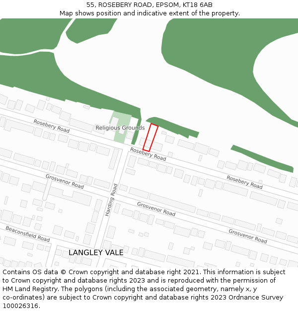 55, ROSEBERY ROAD, EPSOM, KT18 6AB: Location map and indicative extent of plot