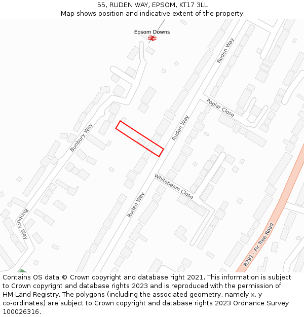 55, RUDEN WAY, EPSOM, KT17 3LL: Location map and indicative extent of plot