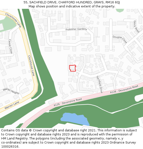 55, SACHFIELD DRIVE, CHAFFORD HUNDRED, GRAYS, RM16 6QJ: Location map and indicative extent of plot