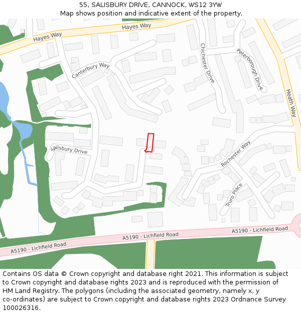 55, SALISBURY DRIVE, CANNOCK, WS12 3YW: Location map and indicative extent of plot