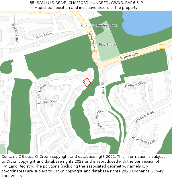 55, SAN LUIS DRIVE, CHAFFORD HUNDRED, GRAYS, RM16 6LP: Location map and indicative extent of plot