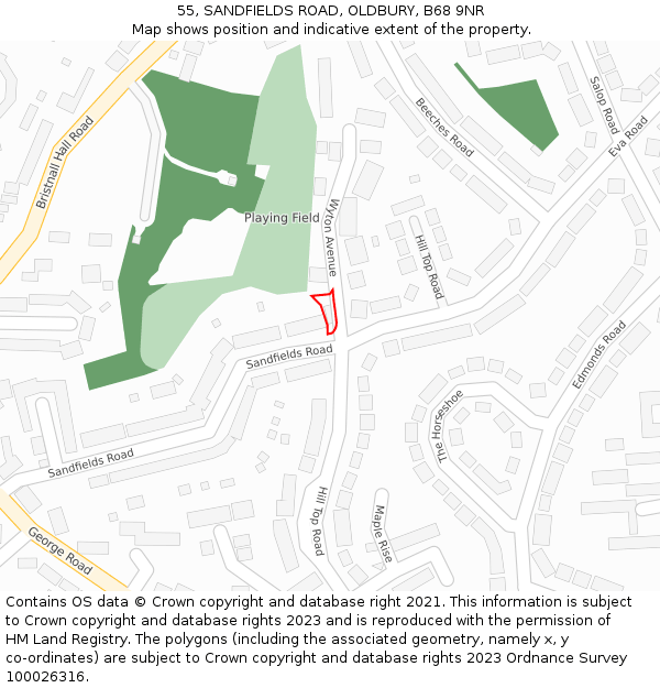 55, SANDFIELDS ROAD, OLDBURY, B68 9NR: Location map and indicative extent of plot