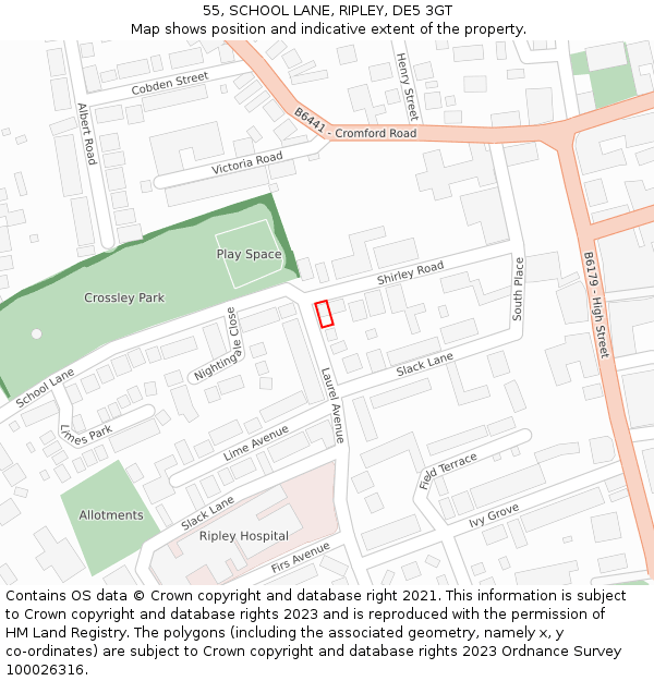 55, SCHOOL LANE, RIPLEY, DE5 3GT: Location map and indicative extent of plot