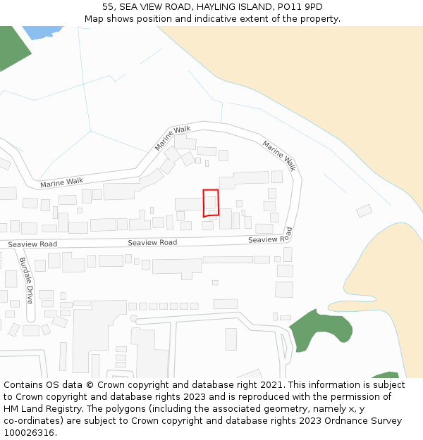 55, SEA VIEW ROAD, HAYLING ISLAND, PO11 9PD: Location map and indicative extent of plot