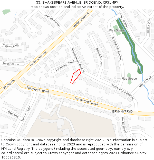 55, SHAKESPEARE AVENUE, BRIDGEND, CF31 4RY: Location map and indicative extent of plot