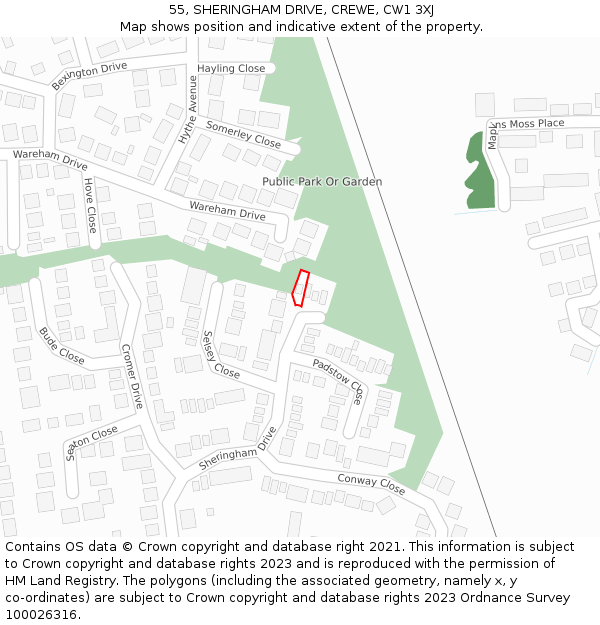 55, SHERINGHAM DRIVE, CREWE, CW1 3XJ: Location map and indicative extent of plot