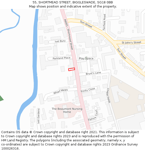 55, SHORTMEAD STREET, BIGGLESWADE, SG18 0BB: Location map and indicative extent of plot