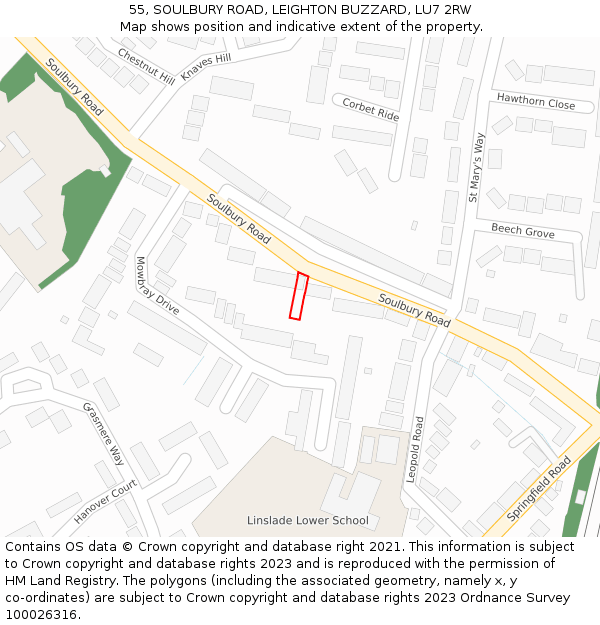 55, SOULBURY ROAD, LEIGHTON BUZZARD, LU7 2RW: Location map and indicative extent of plot