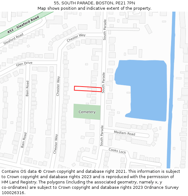 55, SOUTH PARADE, BOSTON, PE21 7PN: Location map and indicative extent of plot