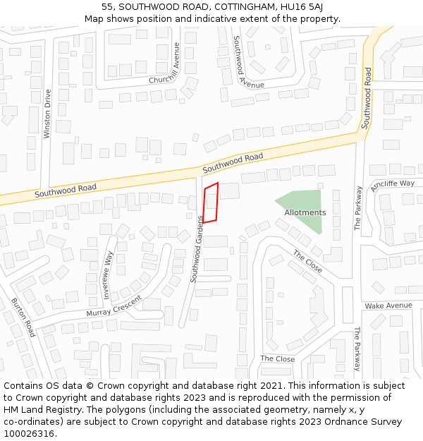 55, SOUTHWOOD ROAD, COTTINGHAM, HU16 5AJ: Location map and indicative extent of plot