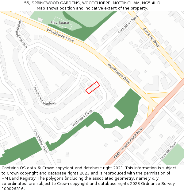 55, SPRINGWOOD GARDENS, WOODTHORPE, NOTTINGHAM, NG5 4HD: Location map and indicative extent of plot
