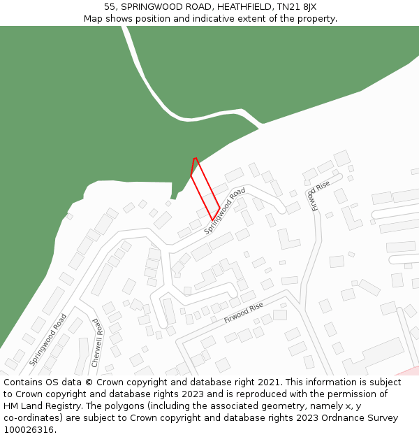 55, SPRINGWOOD ROAD, HEATHFIELD, TN21 8JX: Location map and indicative extent of plot