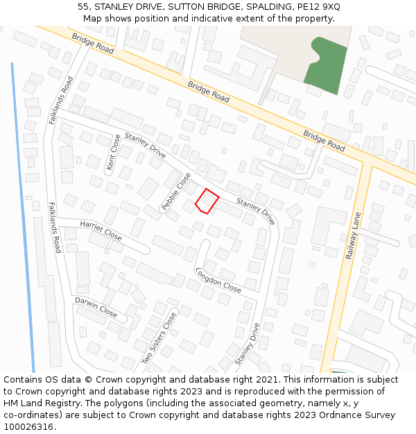 55, STANLEY DRIVE, SUTTON BRIDGE, SPALDING, PE12 9XQ: Location map and indicative extent of plot