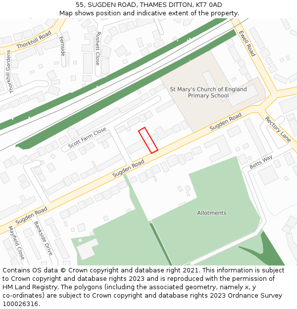 55, SUGDEN ROAD, THAMES DITTON, KT7 0AD: Location map and indicative extent of plot