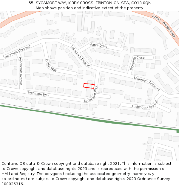 55, SYCAMORE WAY, KIRBY CROSS, FRINTON-ON-SEA, CO13 0QN: Location map and indicative extent of plot