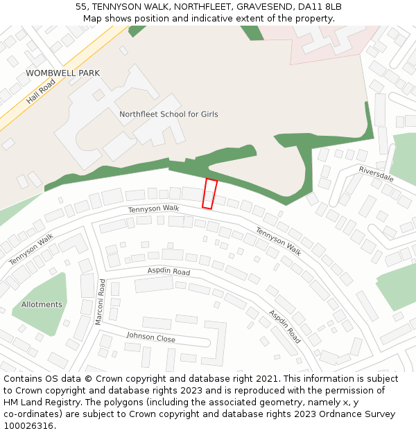 55, TENNYSON WALK, NORTHFLEET, GRAVESEND, DA11 8LB: Location map and indicative extent of plot