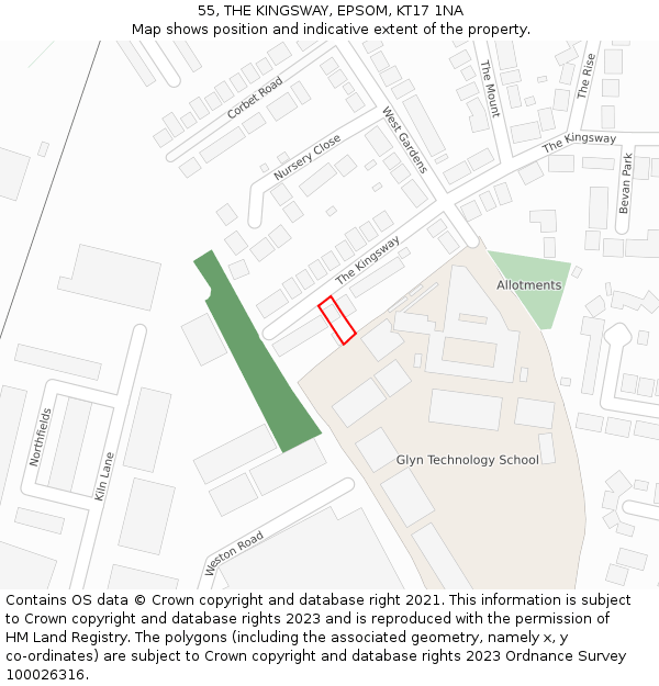 55, THE KINGSWAY, EPSOM, KT17 1NA: Location map and indicative extent of plot