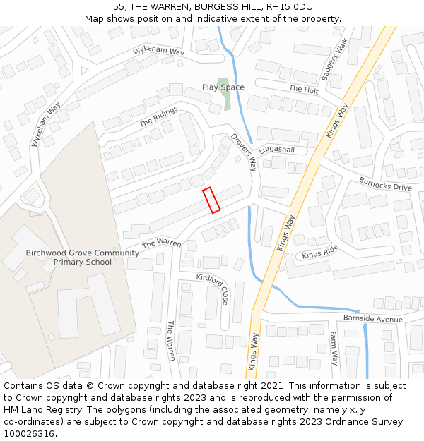 55, THE WARREN, BURGESS HILL, RH15 0DU: Location map and indicative extent of plot