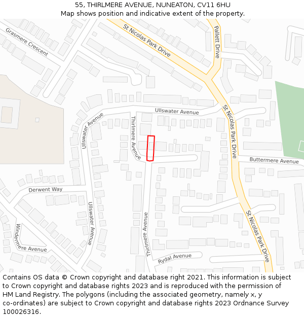 55, THIRLMERE AVENUE, NUNEATON, CV11 6HU: Location map and indicative extent of plot