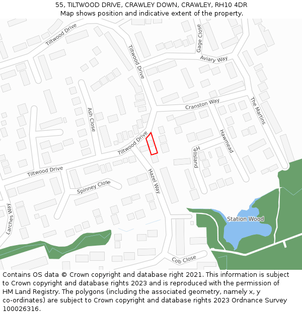 55, TILTWOOD DRIVE, CRAWLEY DOWN, CRAWLEY, RH10 4DR: Location map and indicative extent of plot