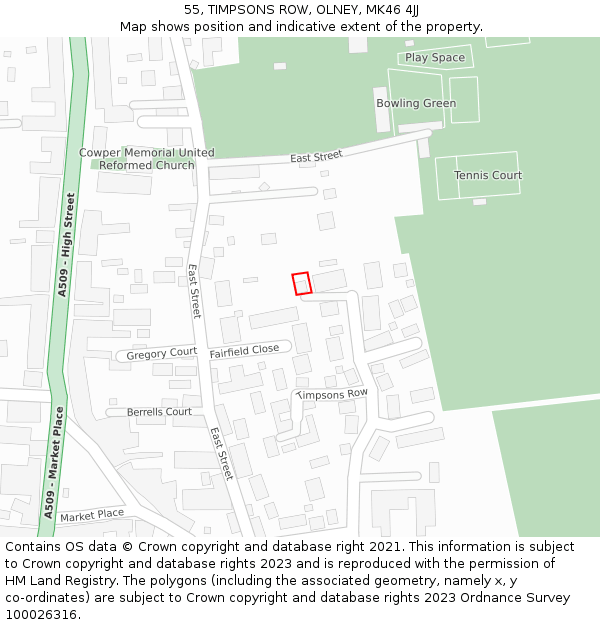 55, TIMPSONS ROW, OLNEY, MK46 4JJ: Location map and indicative extent of plot