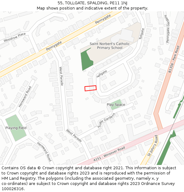 55, TOLLGATE, SPALDING, PE11 1NJ: Location map and indicative extent of plot