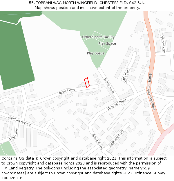 55, TORRANI WAY, NORTH WINGFIELD, CHESTERFIELD, S42 5UU: Location map and indicative extent of plot
