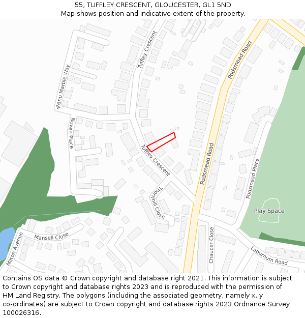 55, TUFFLEY CRESCENT, GLOUCESTER, GL1 5ND: Location map and indicative extent of plot