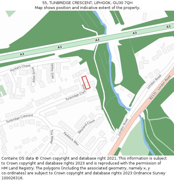 55, TUNBRIDGE CRESCENT, LIPHOOK, GU30 7QH: Location map and indicative extent of plot