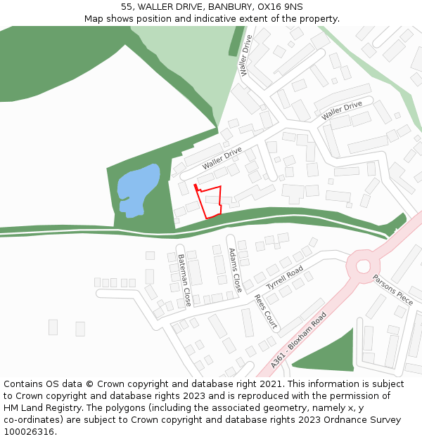 55, WALLER DRIVE, BANBURY, OX16 9NS: Location map and indicative extent of plot
