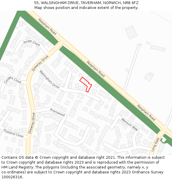 55, WALSINGHAM DRIVE, TAVERHAM, NORWICH, NR8 6FZ: Location map and indicative extent of plot