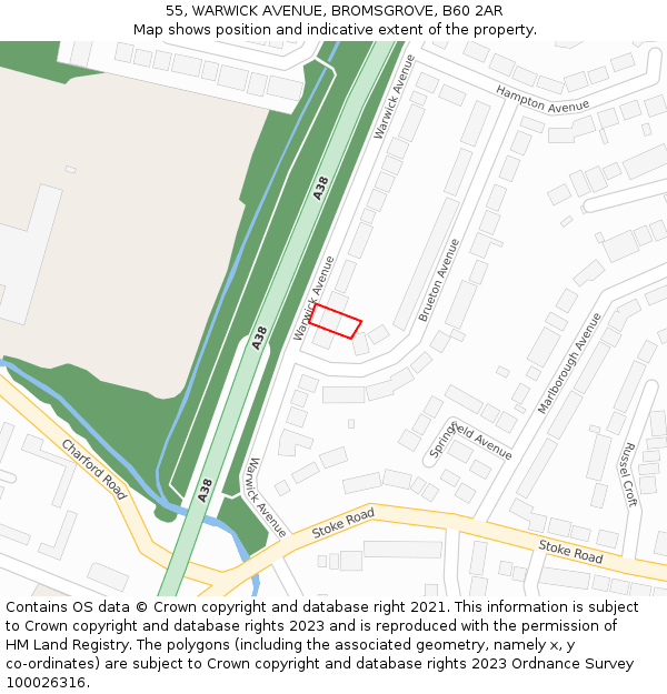 55, WARWICK AVENUE, BROMSGROVE, B60 2AR: Location map and indicative extent of plot