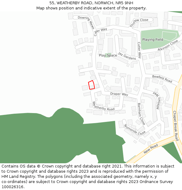 55, WEATHERBY ROAD, NORWICH, NR5 9NH: Location map and indicative extent of plot