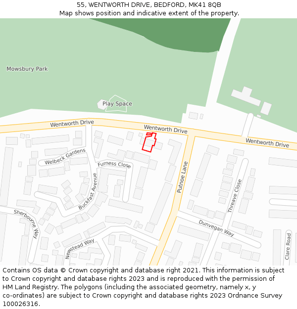 55, WENTWORTH DRIVE, BEDFORD, MK41 8QB: Location map and indicative extent of plot