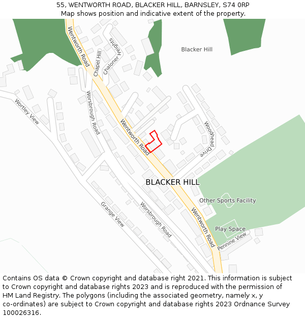 55, WENTWORTH ROAD, BLACKER HILL, BARNSLEY, S74 0RP: Location map and indicative extent of plot