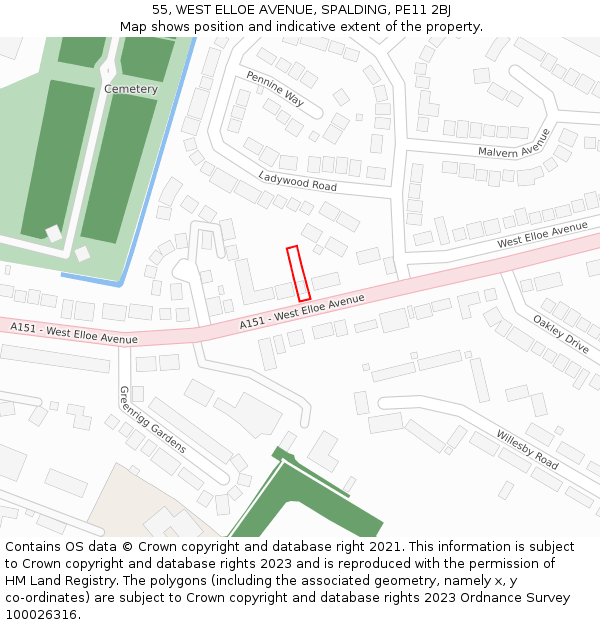 55, WEST ELLOE AVENUE, SPALDING, PE11 2BJ: Location map and indicative extent of plot