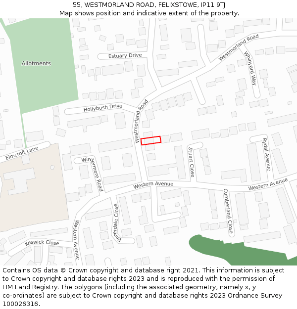 55, WESTMORLAND ROAD, FELIXSTOWE, IP11 9TJ: Location map and indicative extent of plot