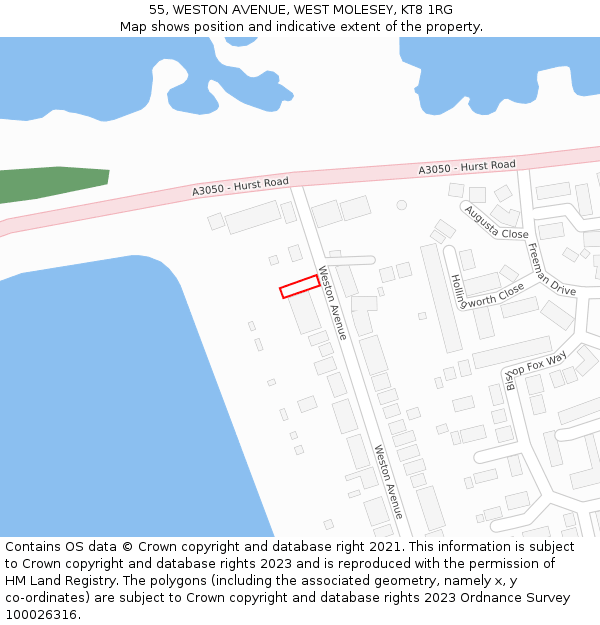 55, WESTON AVENUE, WEST MOLESEY, KT8 1RG: Location map and indicative extent of plot