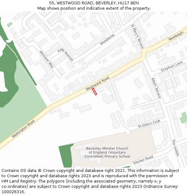 55, WESTWOOD ROAD, BEVERLEY, HU17 8EN: Location map and indicative extent of plot