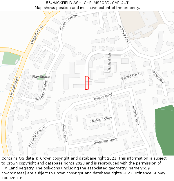 55, WICKFIELD ASH, CHELMSFORD, CM1 4UT: Location map and indicative extent of plot