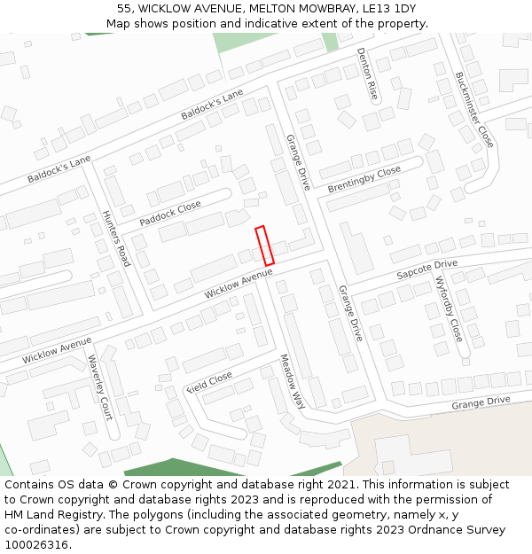 55, WICKLOW AVENUE, MELTON MOWBRAY, LE13 1DY: Location map and indicative extent of plot