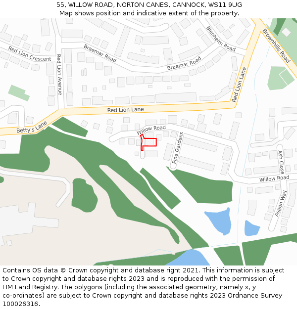 55, WILLOW ROAD, NORTON CANES, CANNOCK, WS11 9UG: Location map and indicative extent of plot