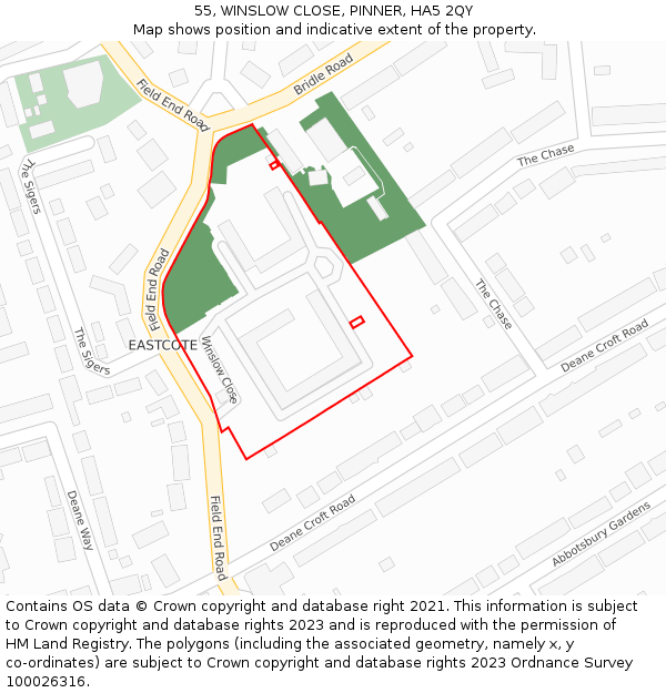 55, WINSLOW CLOSE, PINNER, HA5 2QY: Location map and indicative extent of plot