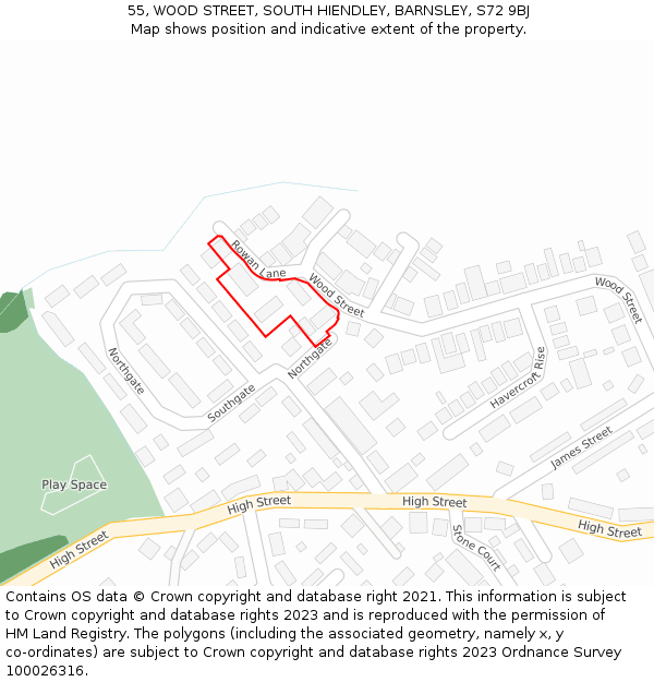 55, WOOD STREET, SOUTH HIENDLEY, BARNSLEY, S72 9BJ: Location map and indicative extent of plot