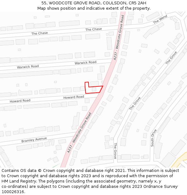 55, WOODCOTE GROVE ROAD, COULSDON, CR5 2AH: Location map and indicative extent of plot