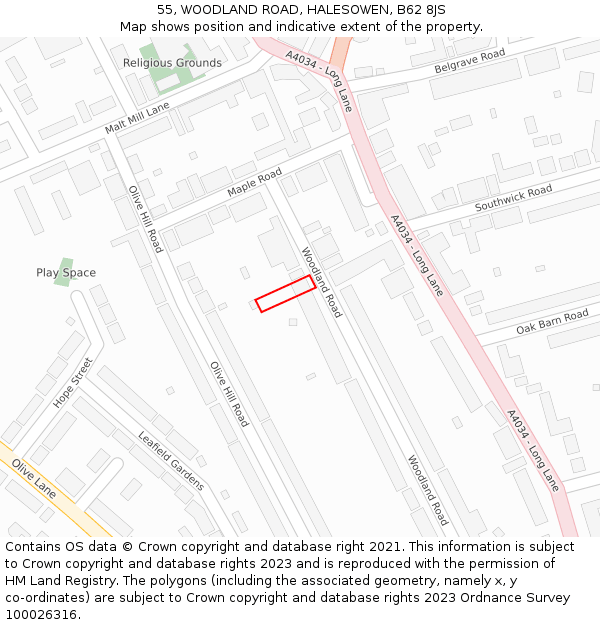 55, WOODLAND ROAD, HALESOWEN, B62 8JS: Location map and indicative extent of plot