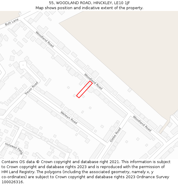 55, WOODLAND ROAD, HINCKLEY, LE10 1JF: Location map and indicative extent of plot